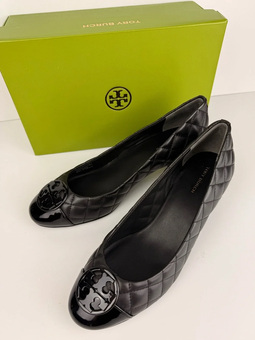 Tory Burch Chelsea 50mm Quilted Pumps Black Leather Patent Cap Toe Block Heels